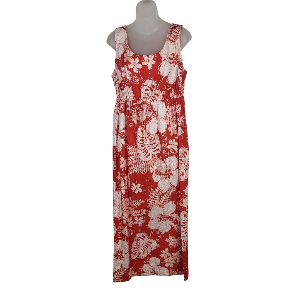 Vintage Hilo Hattie Evelyn Margolis Bark Cloth Red Hawaiian Maxi Dress Size 16